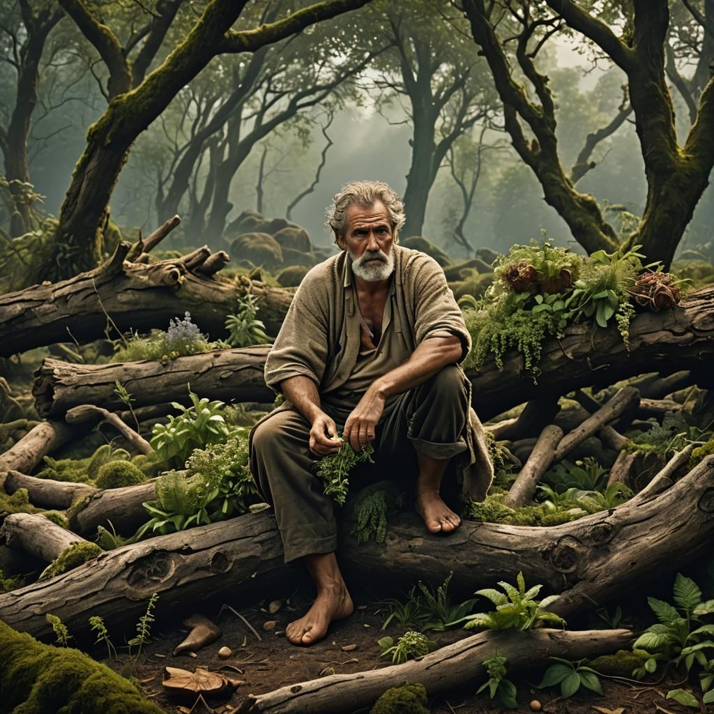 Stone Age Man Sorting Herbs: Detailed Digital Painting