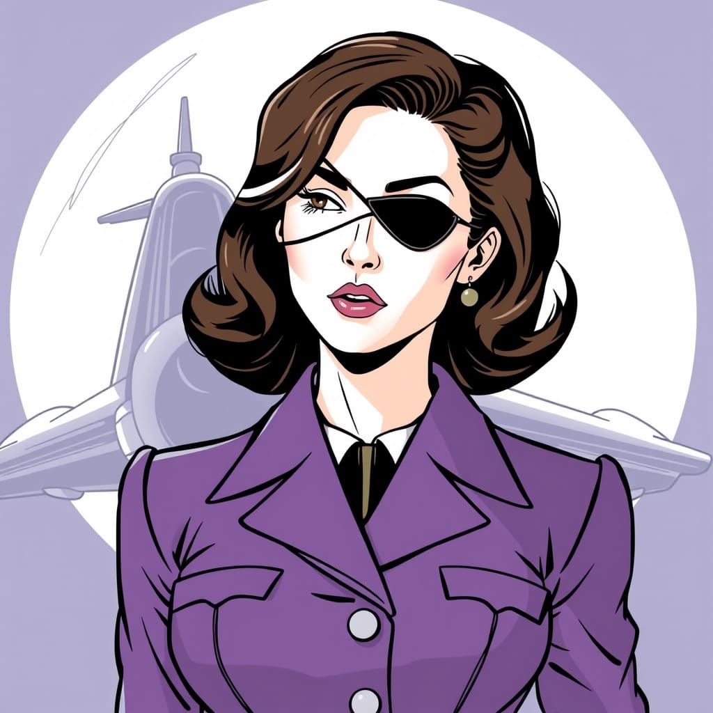 Brunette in Purple Airforce Uniform, Minimal Line Art
