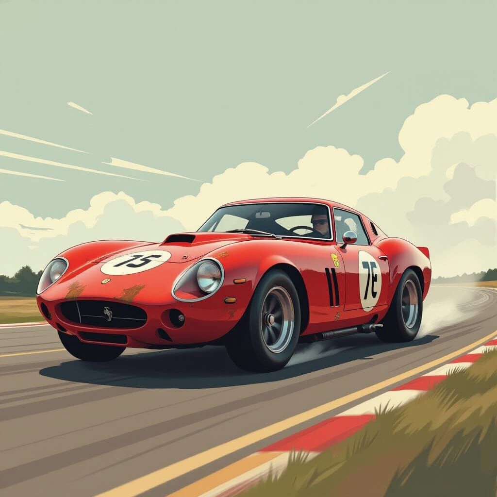 Red Race Car in Monochromatic Tones, Historic Illustration