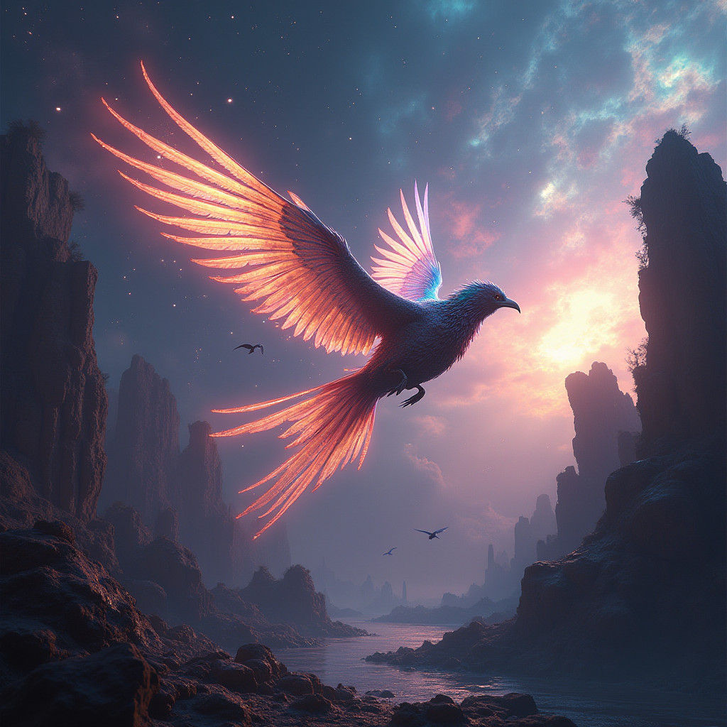 Iridescent Space Chicken Soaring Through Psychedelic Nebula