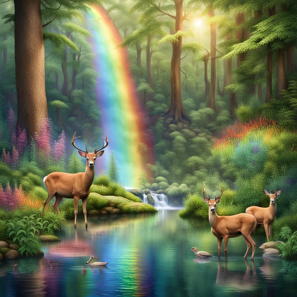 Enchanting Forest Scene with Waterfall and Rainbow