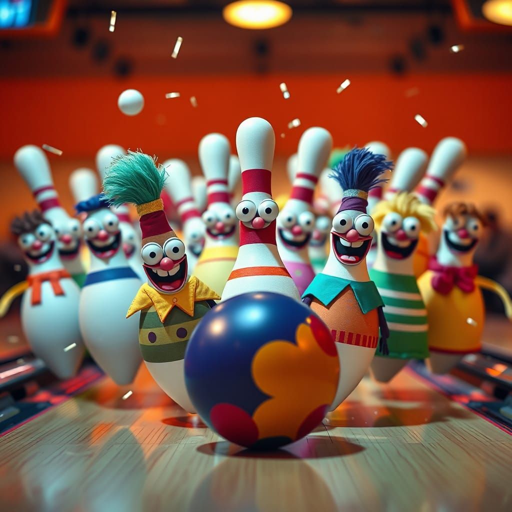 Playful Bowling Pins Scatter in Joyful Chaos
