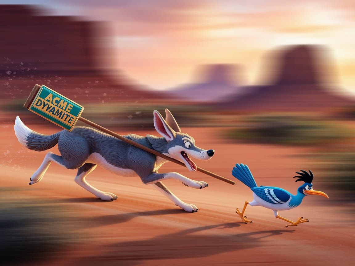 Coyote Chasing Roadrunner with Dynamite in Desert Sunset