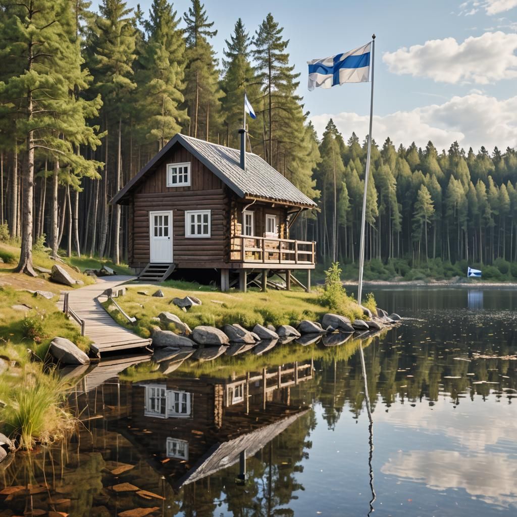Cabin in Woods by Lakeside With Finnish Flag