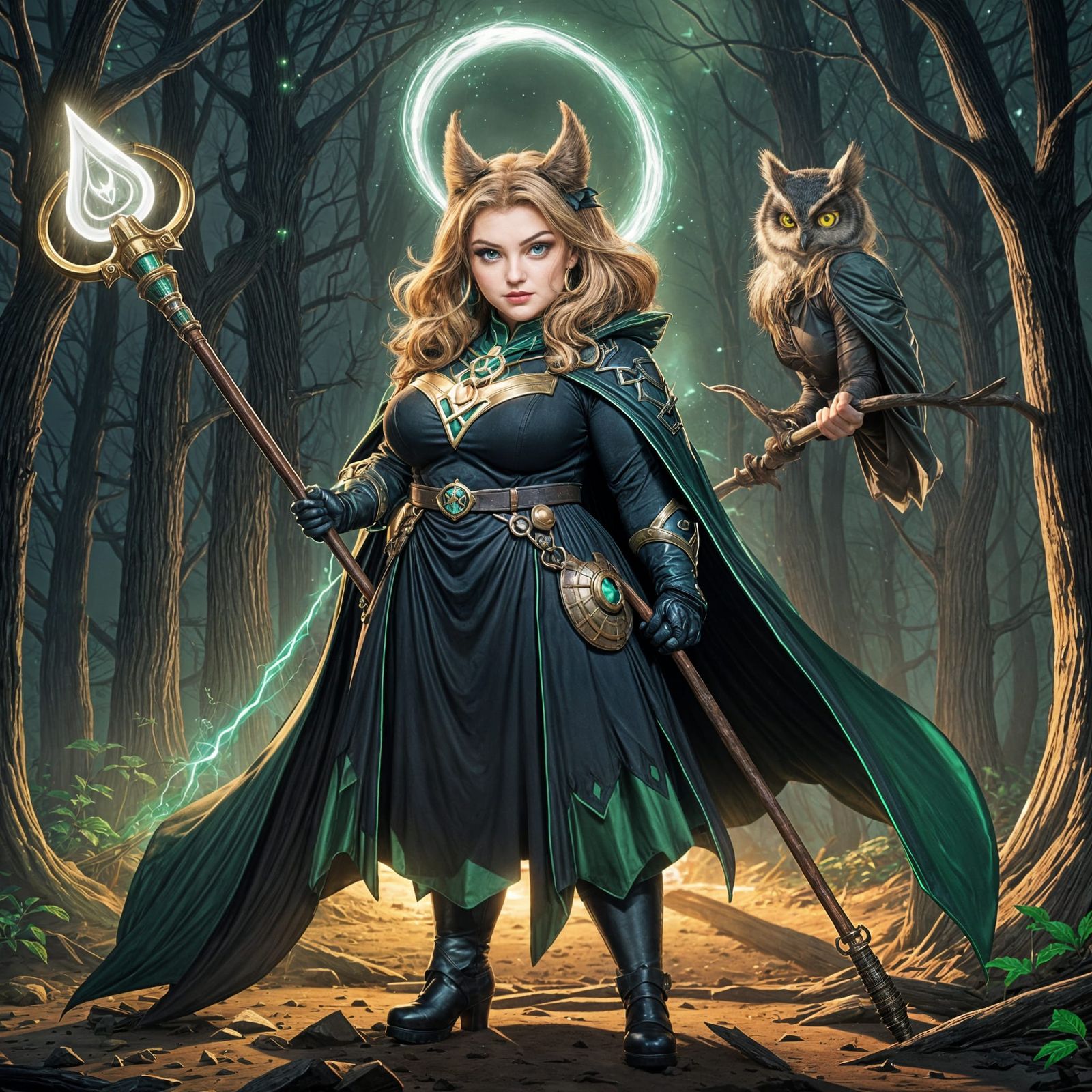 Plus size powerful strong big beautiful hero dark blonde hair green eyes wearing witches outfit welding a owl shaped sta...