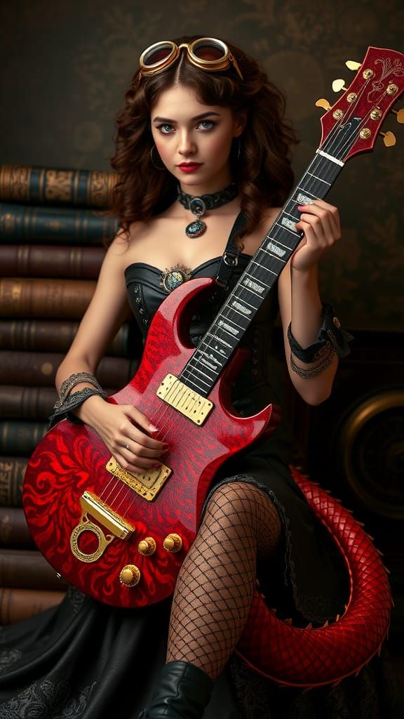 Steampunk Lady Musician with Crimson Dragon Guitar