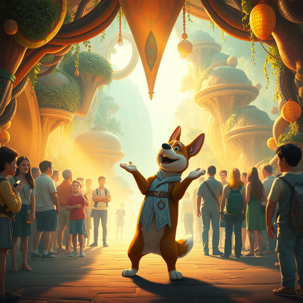 Dog Greeting Friends in Dreamlike Environment