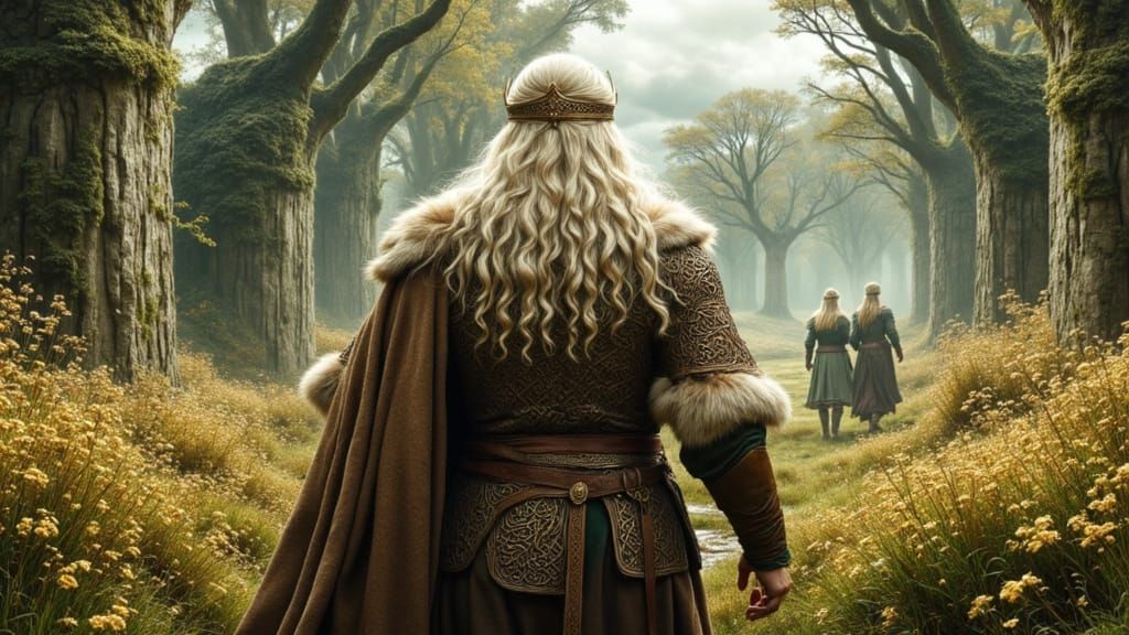 Viking King Walks Towards Enchanted Forest Amidst Ruins