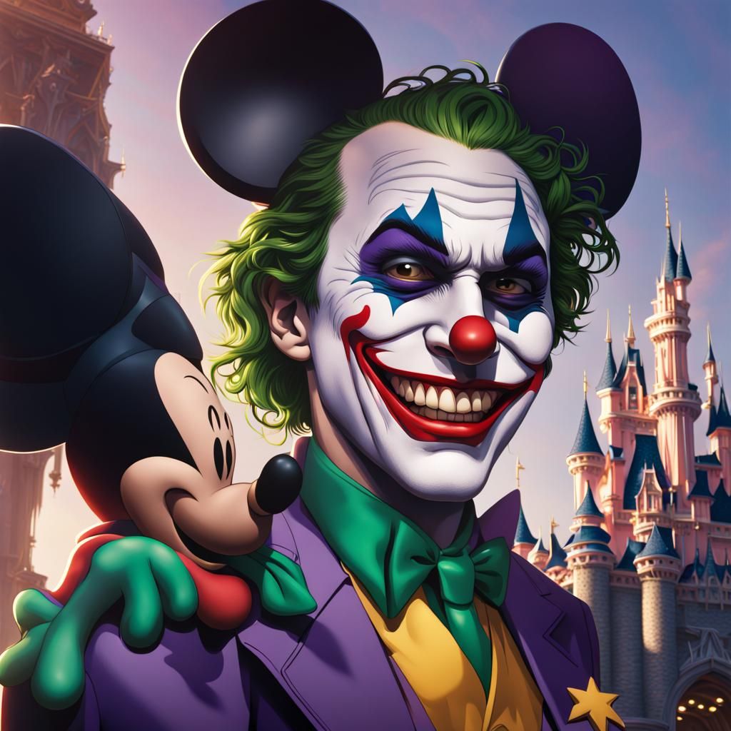Joker with Mickey Ears in Hyperrealistic Disneyland Art