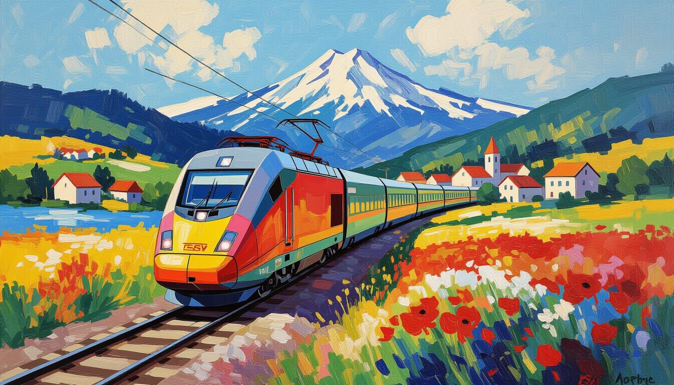 Colorful TGV Train Journey Through French Countryside