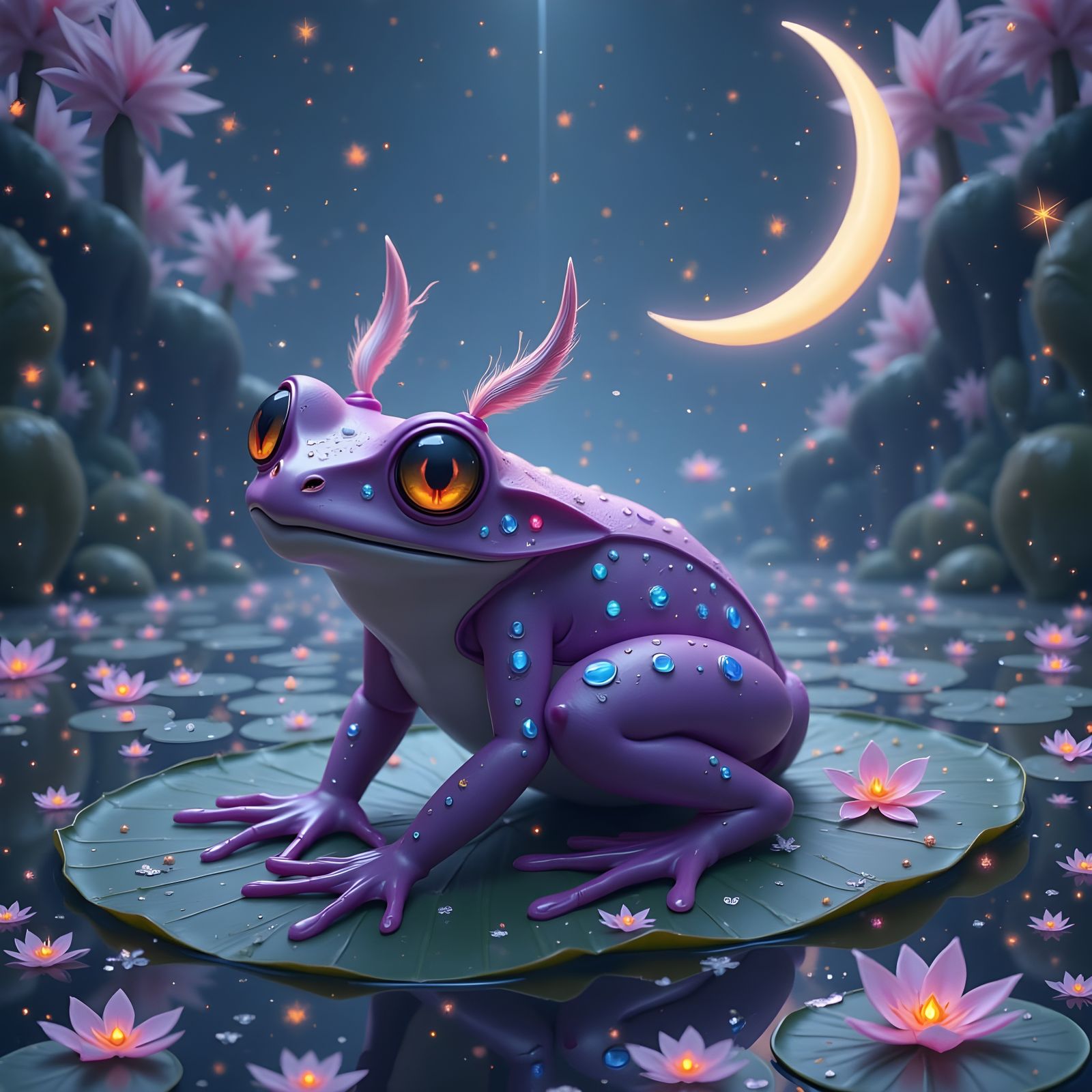 Ethereal Purple Frog with Glowing Spots on Lilypad