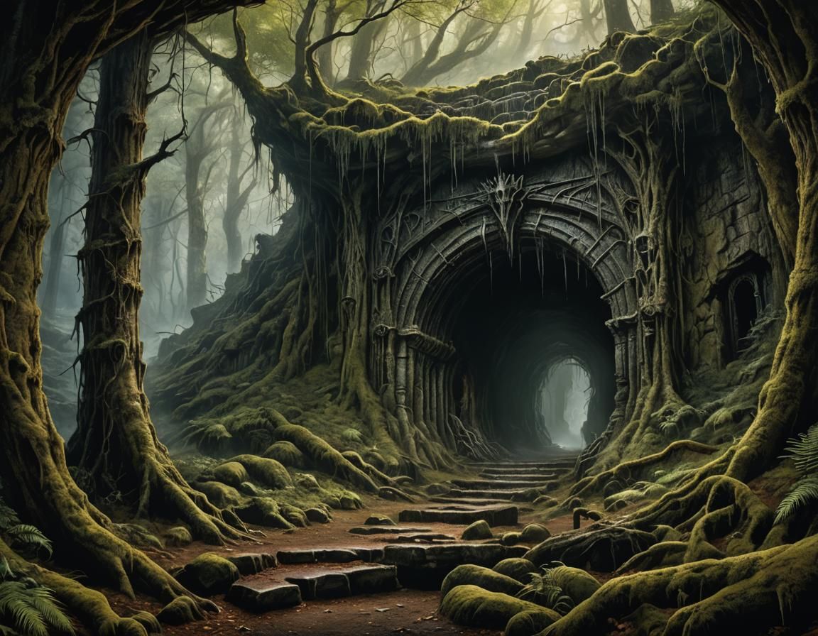 Eerie Monster Den in Forest, Luis Royo Style