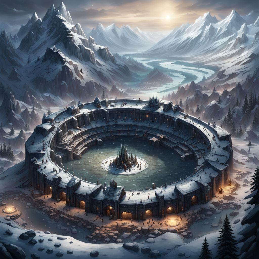 Dark Fantasy Arena in a Mountainous Valley