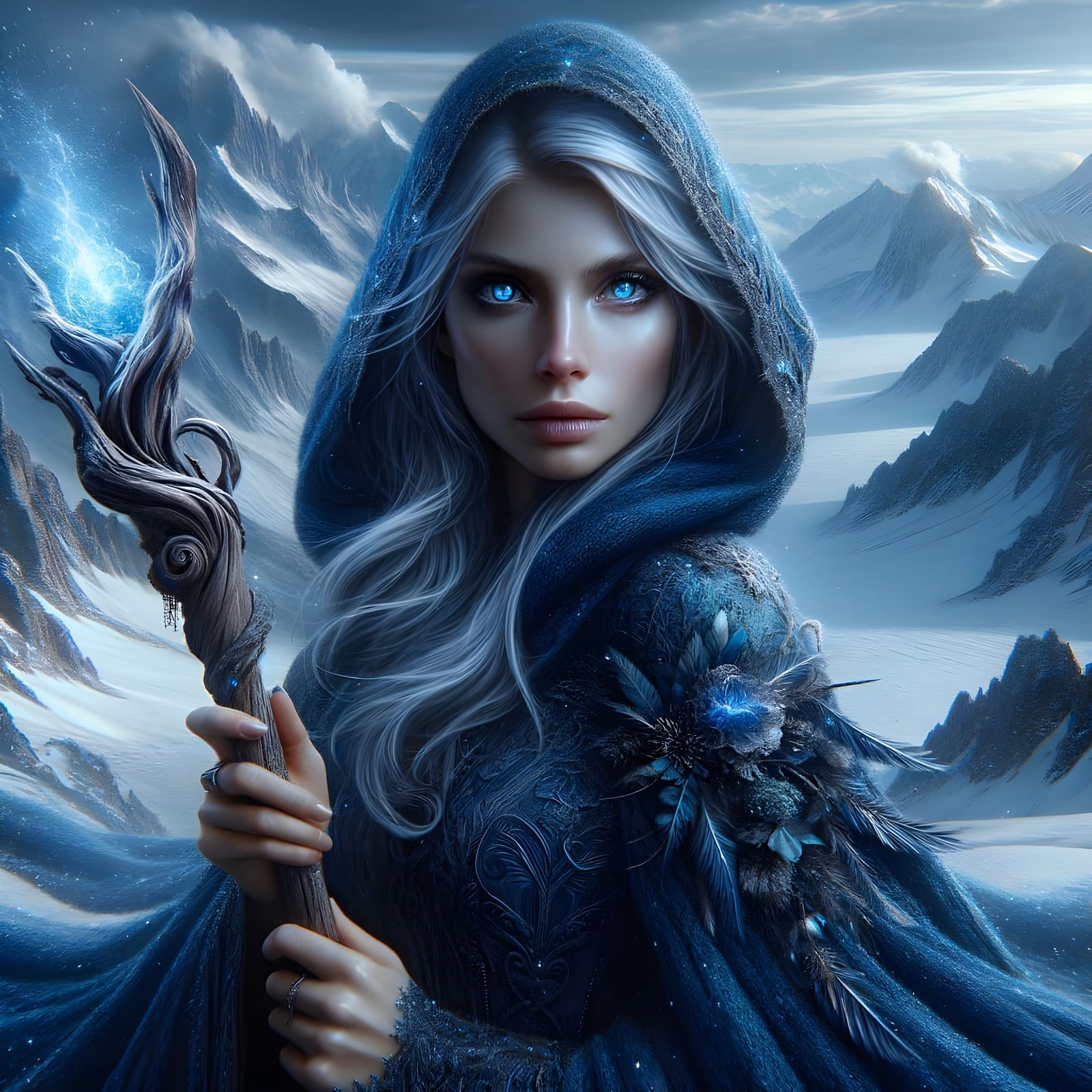 Mysterious Sorceress on Snowy Mountain Peak