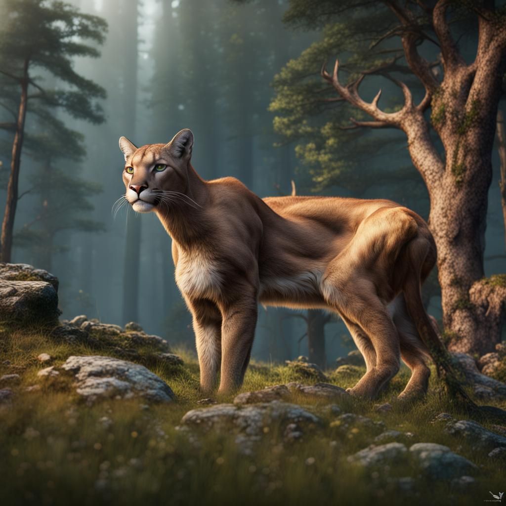 Puma Stalking Deer in Forest Clearing