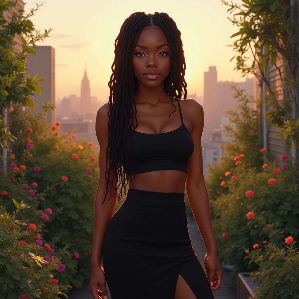 Hyperrealistic Portrait of Woman in Rooftop Garden