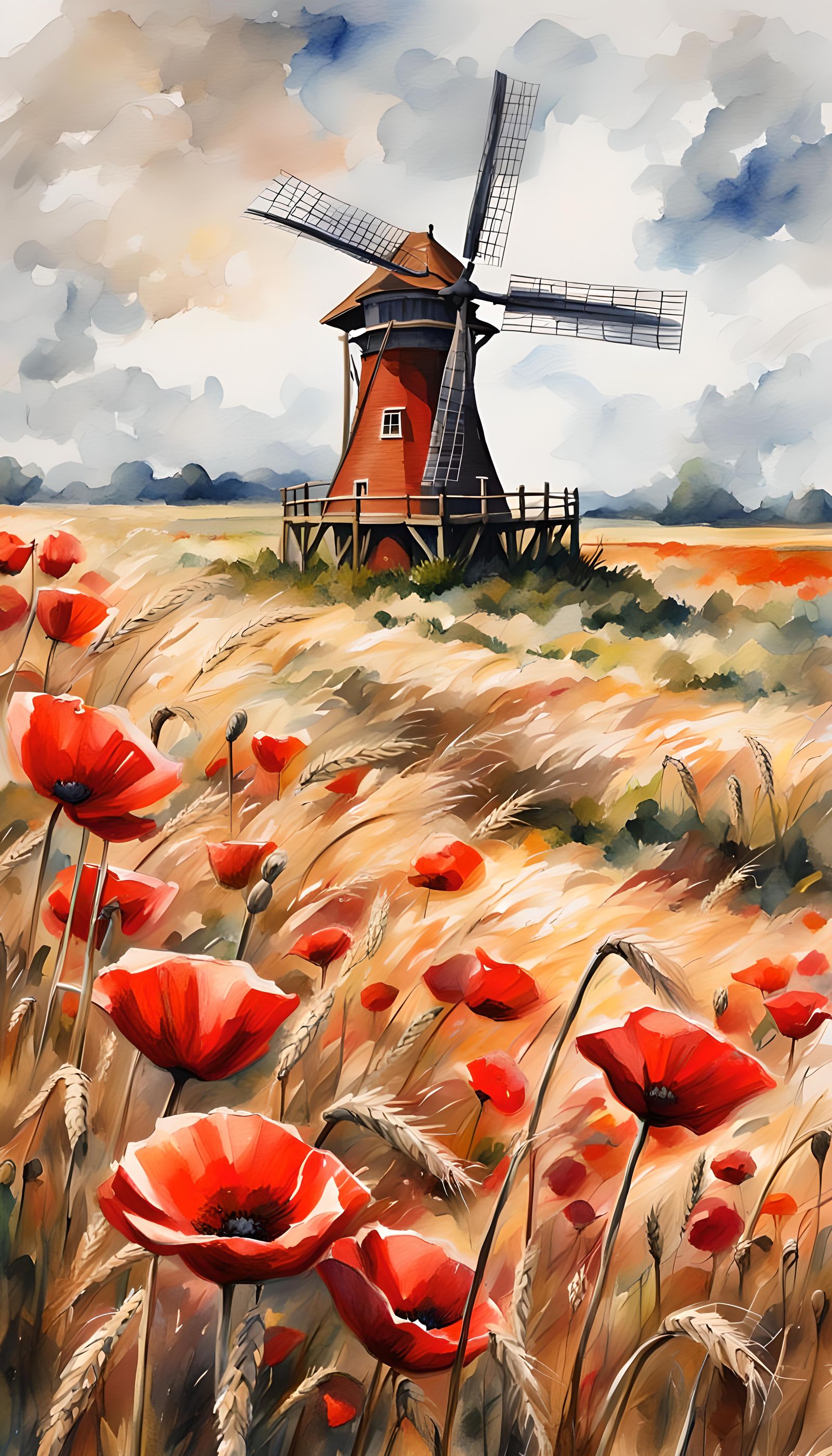 Dutch Windmill in Wheat Field: Watercolor Painting