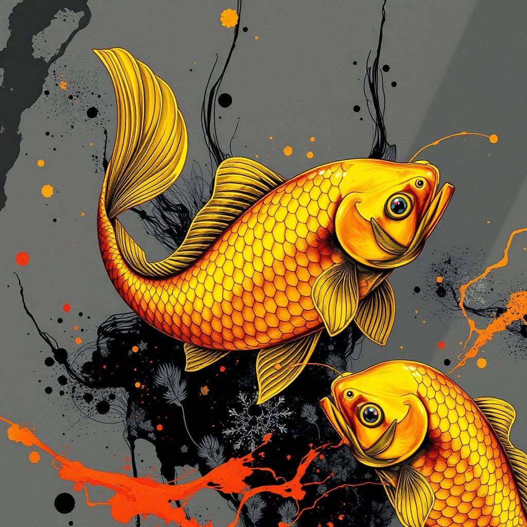 Golden Fish in Japanese Ink Style with Anime Elements