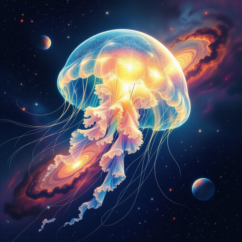 Bioluminescent Jellyfish Drifts Through Starry Nebula