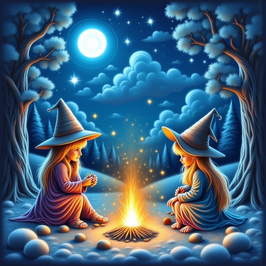 Magical Winter Night: Witches' Campfire in Chalk Art