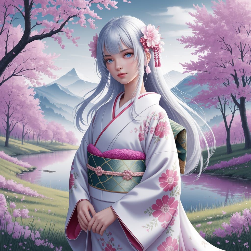 Graceful Woman in Kimono Among Cherry Blossoms