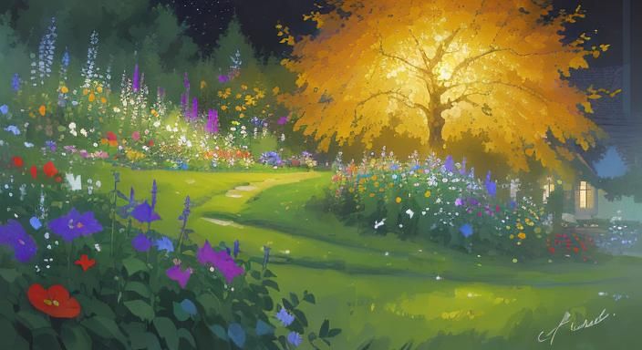 Lush Scandinavian Garden at Night, Oil Painting