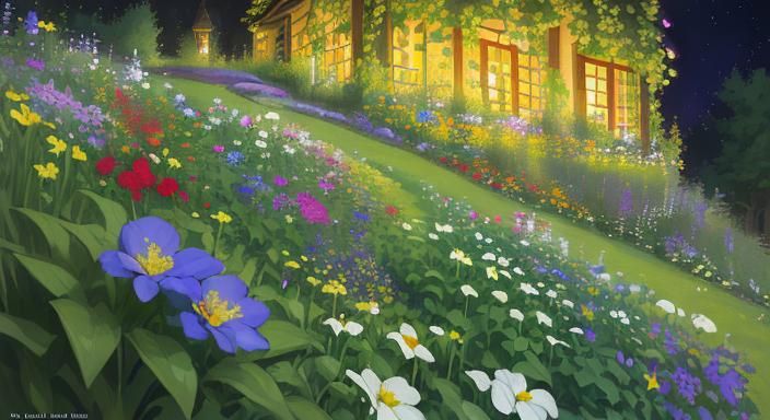 Lush Scandinavian Garden at Night, Oil Painting