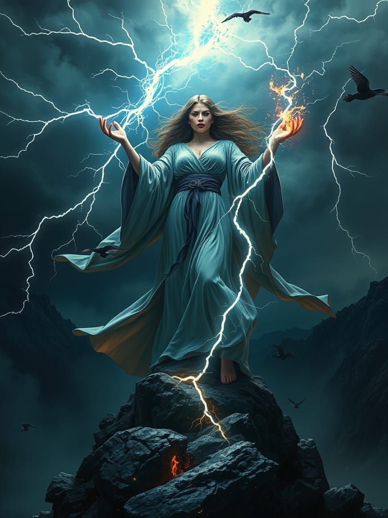 Sorceress Summons Storm on Mountain Peak