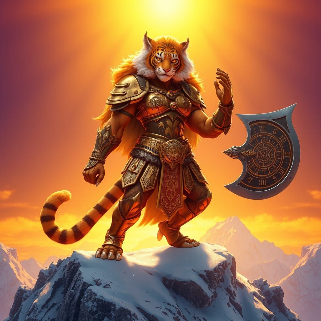 Regal Tigress Warrior in Golden Armor Ascends Snow-Capped Pe...