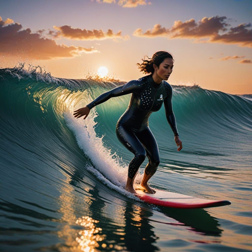 Dalmatian and Latin Girl Ride the Iridescent Wave