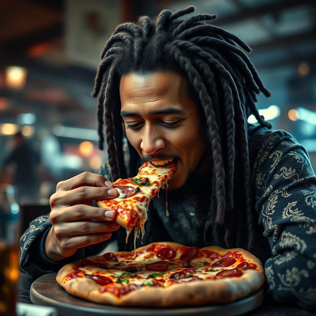 Bob Marley eating pizza