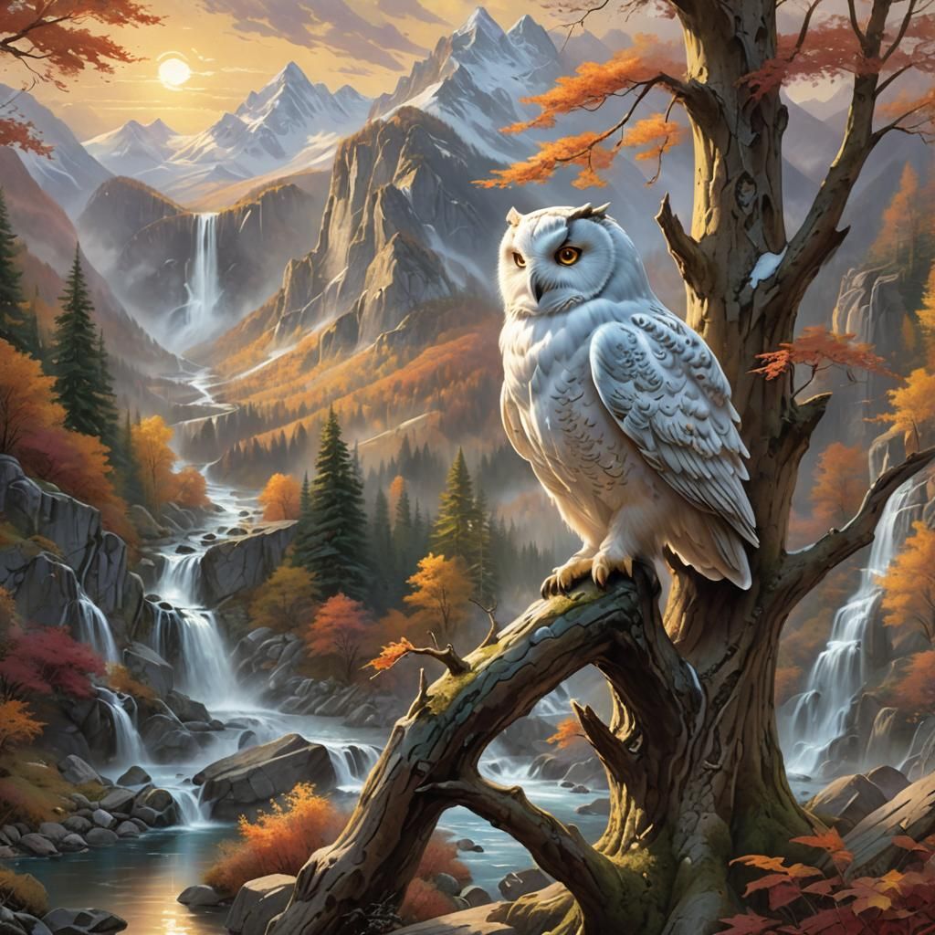 White Owl in Autumn Landscape, as Concept Art