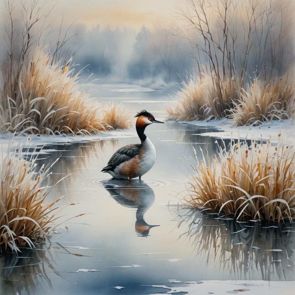Great Crested Grebe on Frozen Pond: Watercolor Landscape