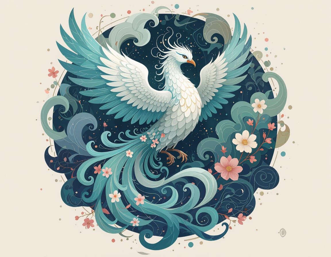 Ethereal Phoenix Surrounded by Clouds and Flowers
