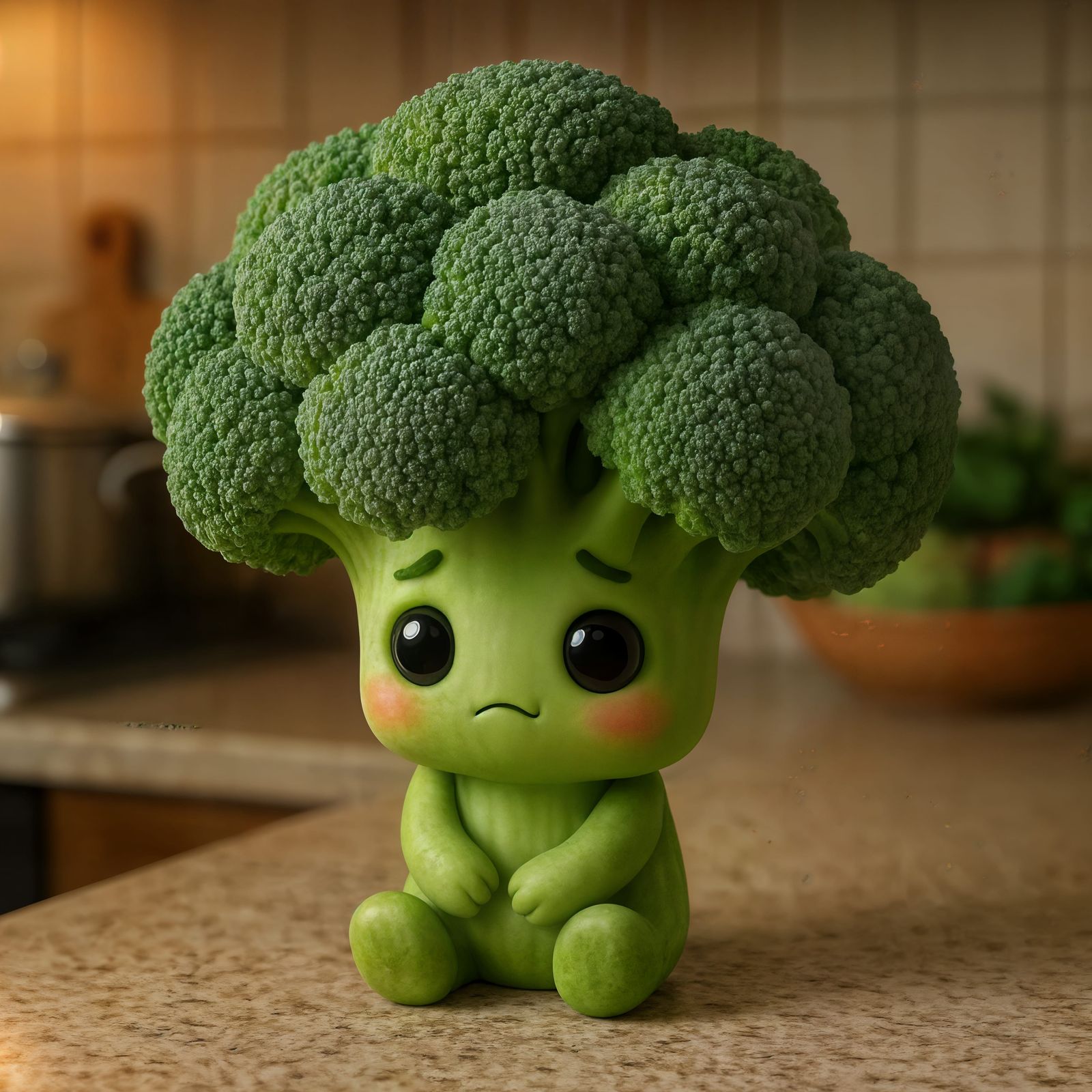Cute Shy Broccoli CGI Character on Kitchen Counter