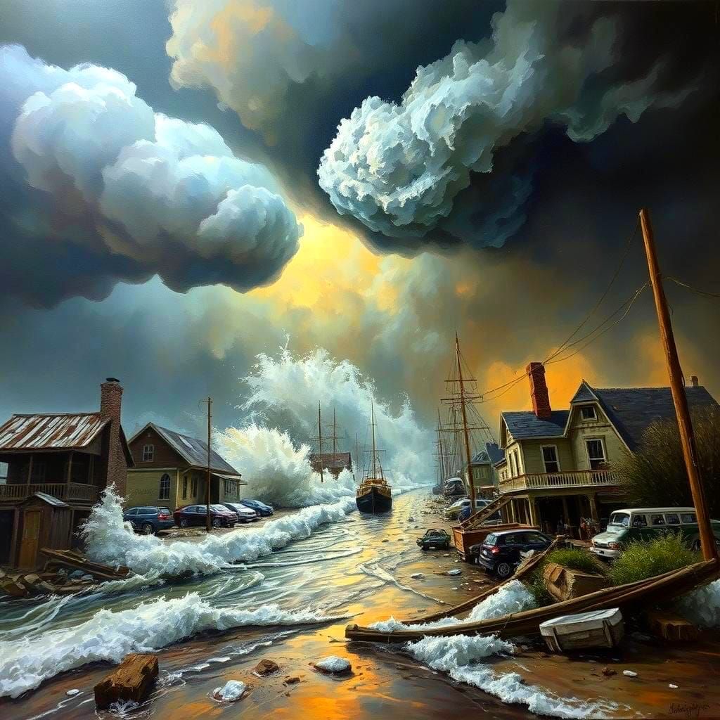 Storm Threatens Town: Oil Painting