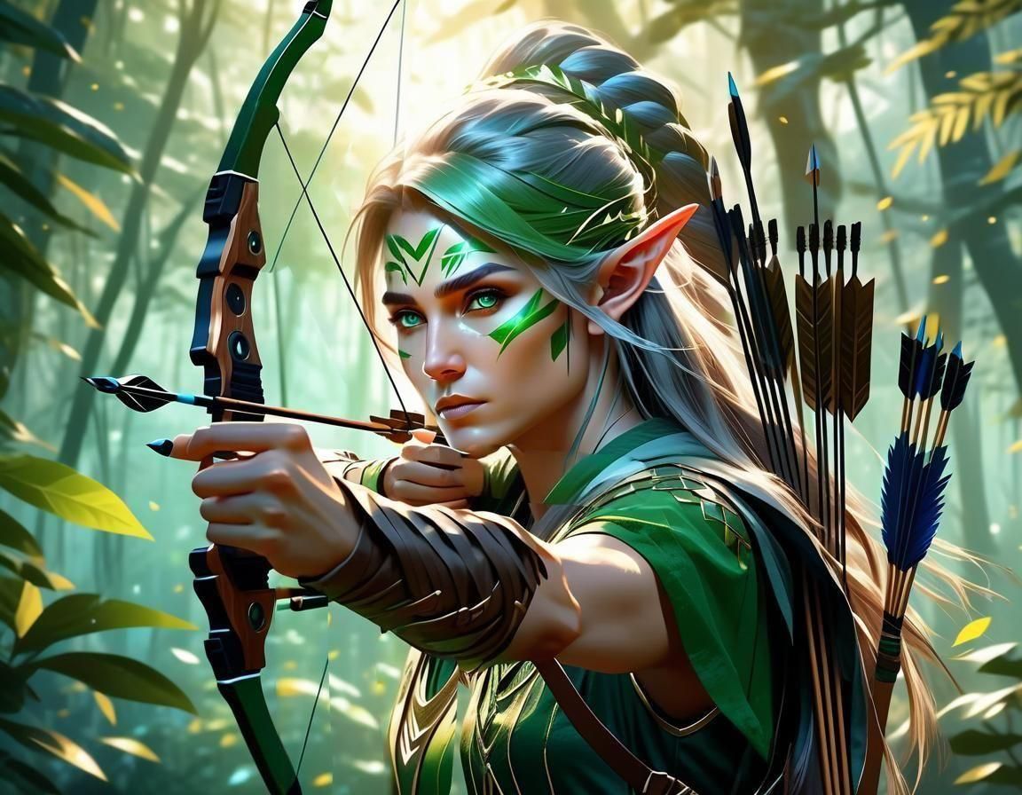 Elven Archer in Rainforest: Detailed Concept Art