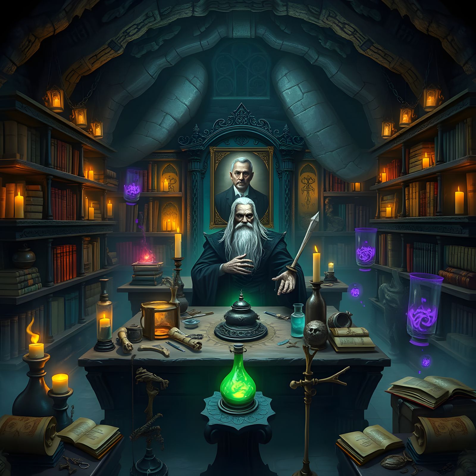 Ancient Wizard's Library with Sinister Wizard