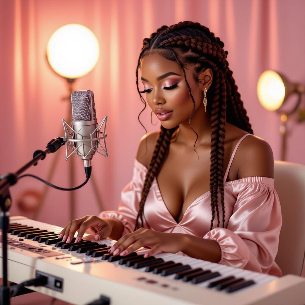 R&B Studio Scene with Glowing Skin and Pink Highlights