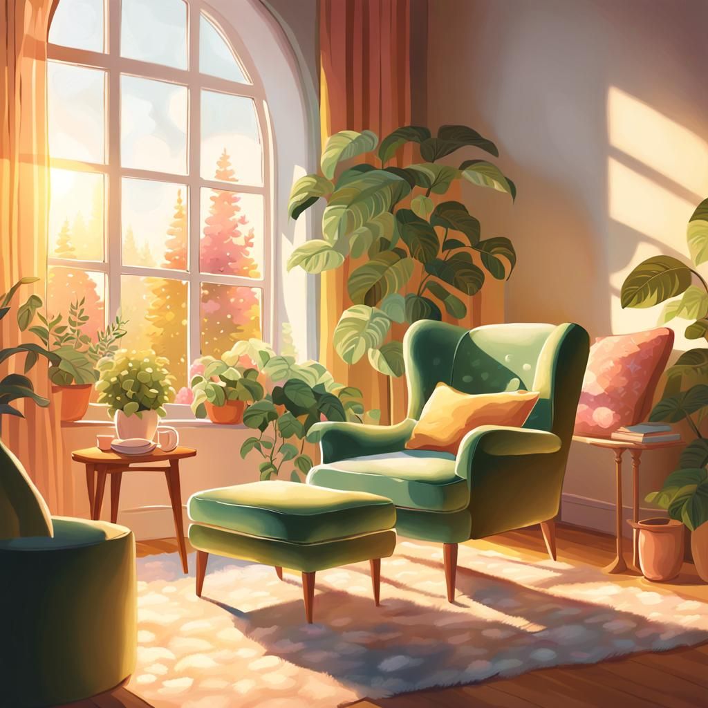 Cozy Reading Nook with Lush Greenery and Golden Light