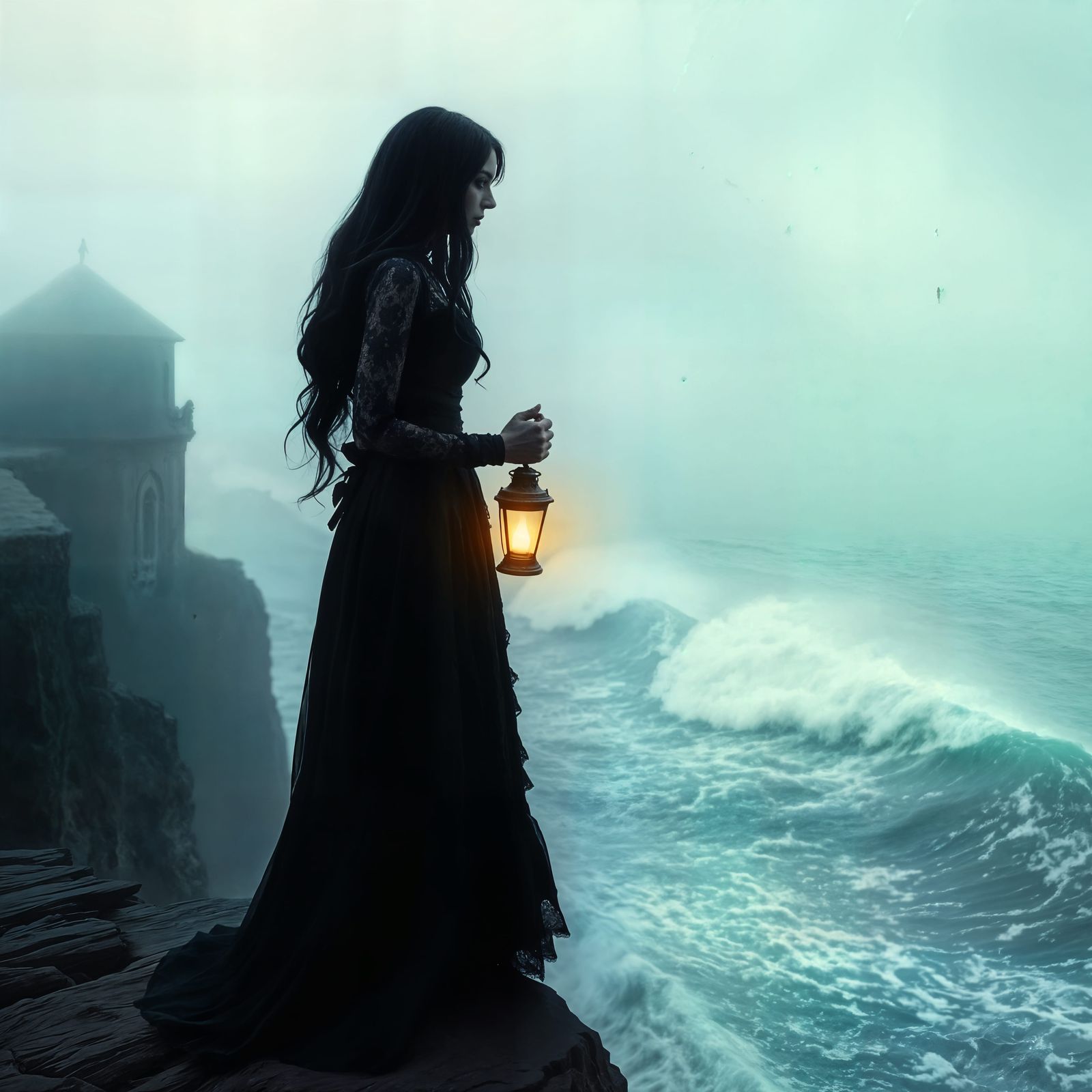 Gothic Woman on Misty Cliff with Lantern