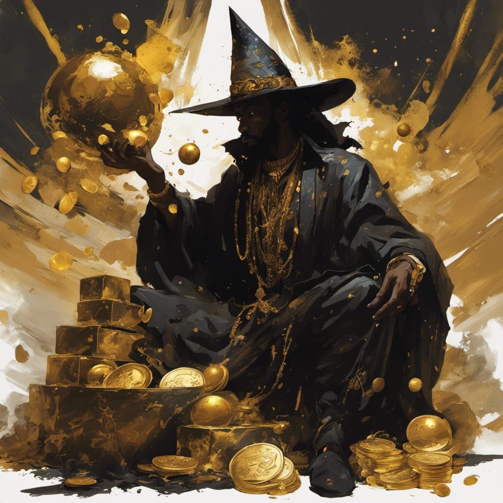 Wizard Juggling Bombs on Gold Hoard in Digital Art Style