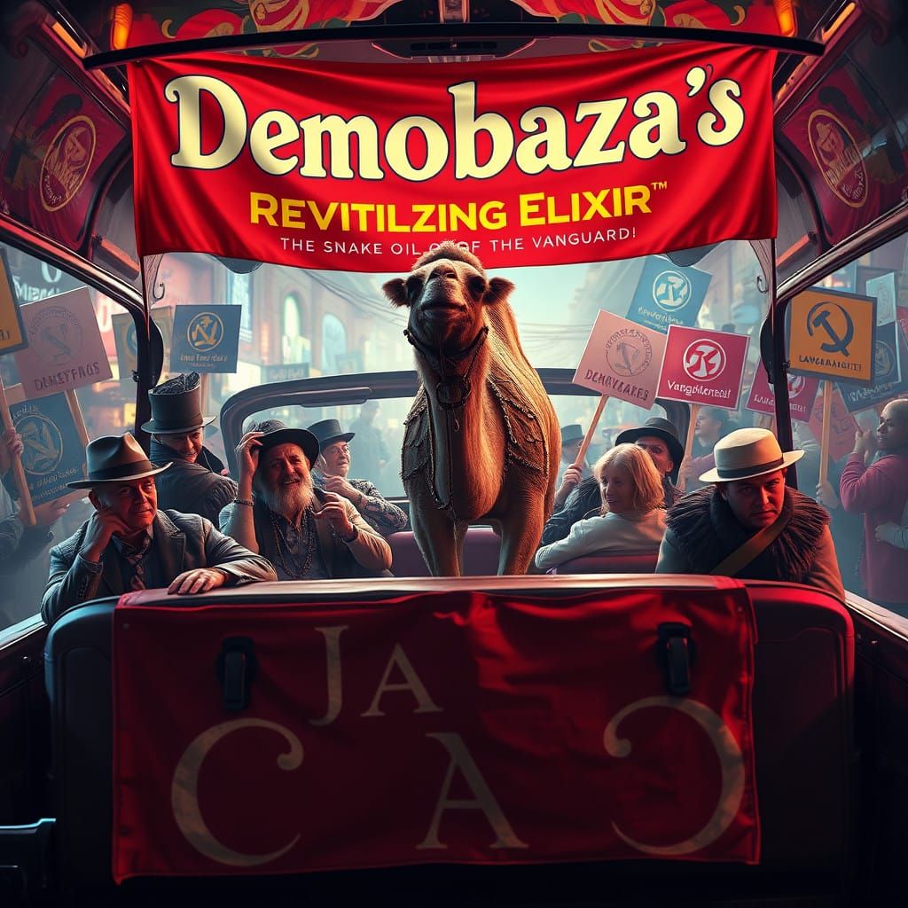 Futuristic Protesters in Steampunk Automobile