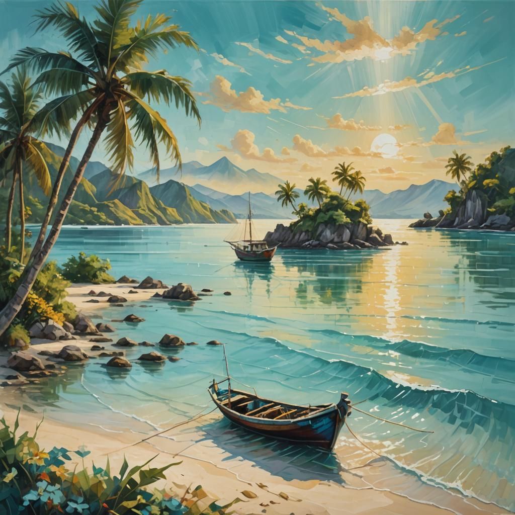 Philippine Fishermen in Tropical Seascape Painting