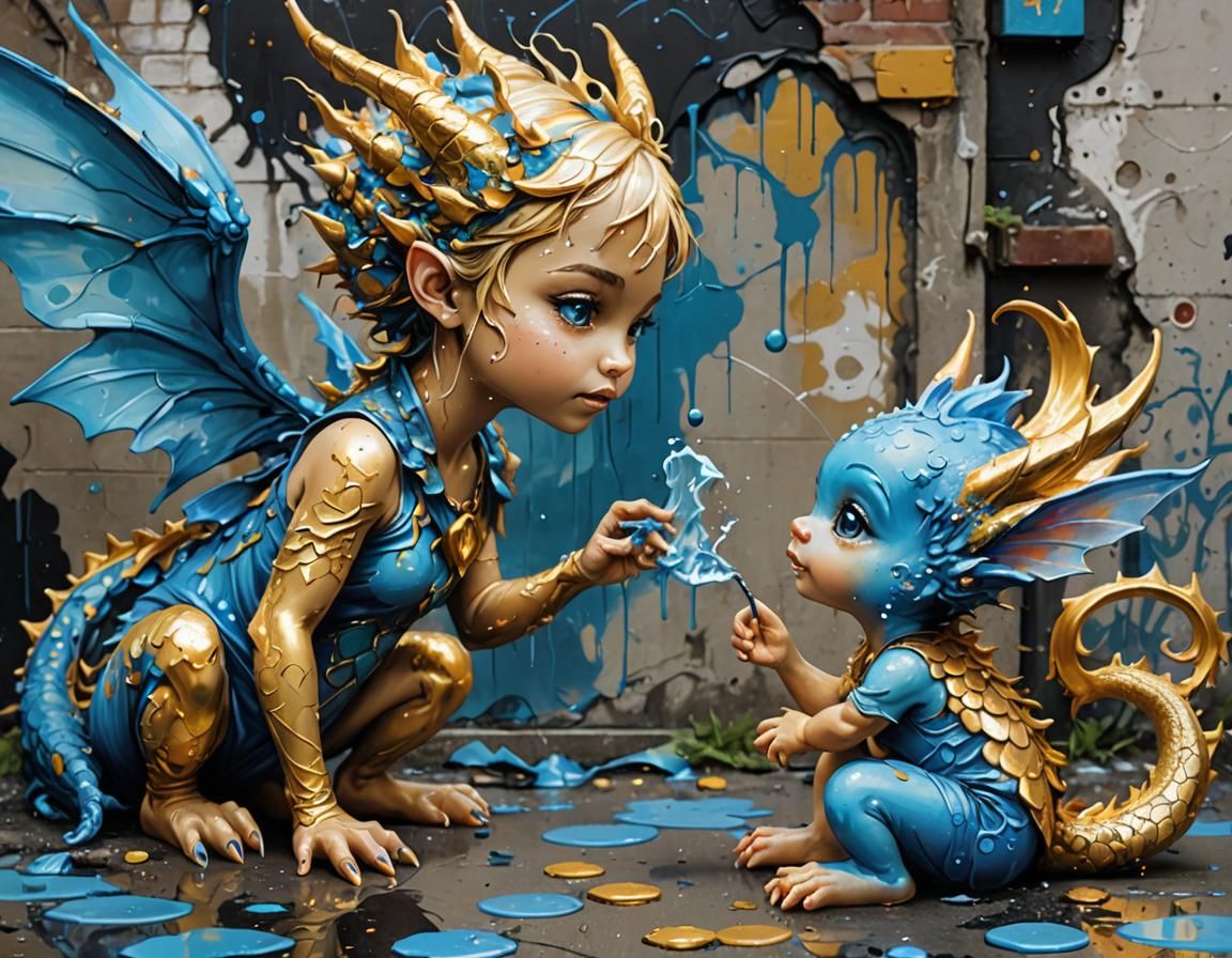 Blue Fairy and Golden Dragon Graffiti Art