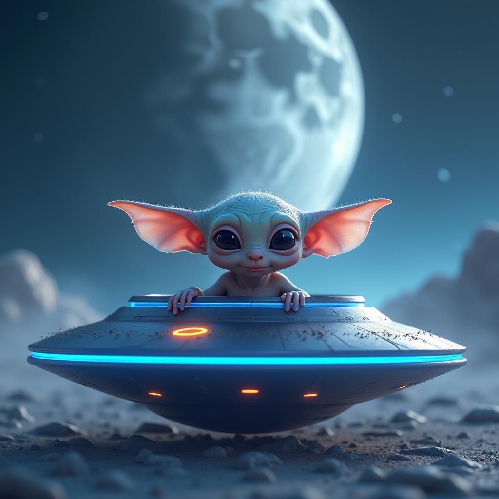 Adorable Alien Baby in UFO on the Moon