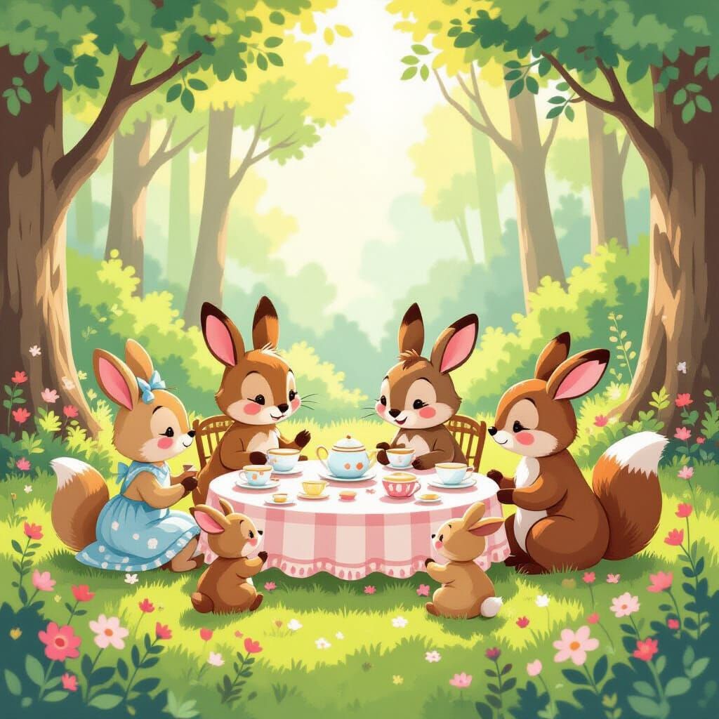 Woodland Creatures Tea Party in Sun-Dappled Forest
