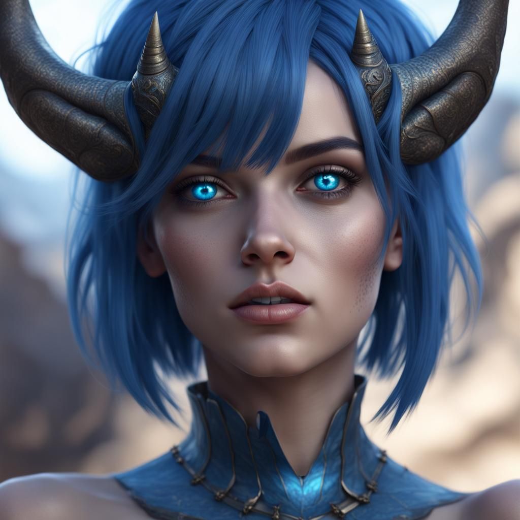 Blue-Skinned Horned Girl: Detailed Fantasy Art