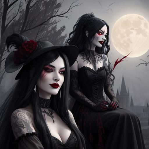 three alluring enchantingly beautiful, venomous female vampire laughing with blood- red lips and silky hair flowing in...