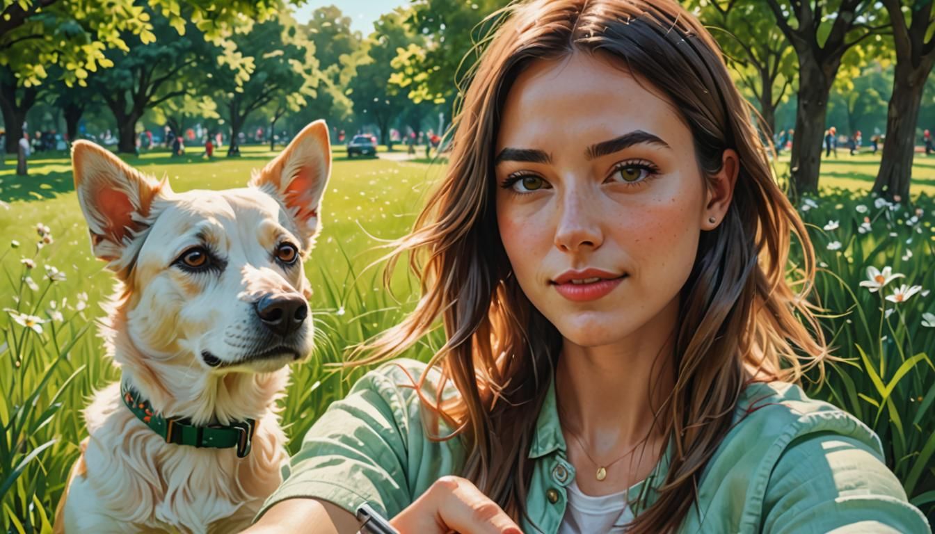 Girl Taking Selfie in Park: Realistic Digital Art